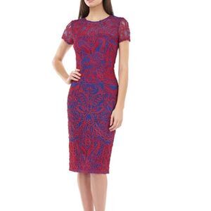 Women Red Blue J.S. Collections Soutache Chiffon Cocktail Embroidery Dress Sz 2